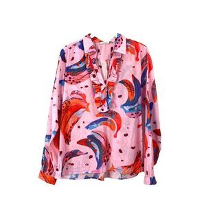 Maude Vivante banana print ruffle neck swiss‎ dot blouse Size M pink boho artsy
